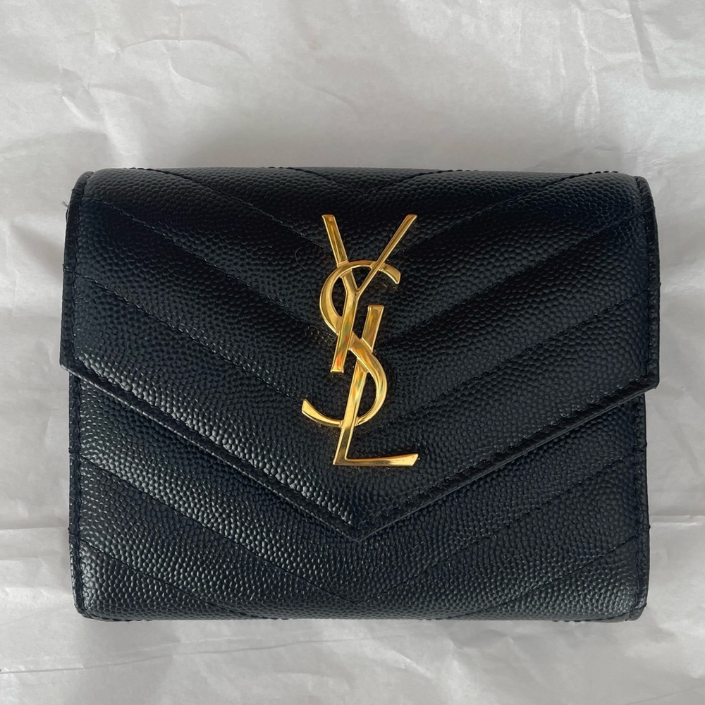 Saint Laurent Grain de Poudre Black Grained Leather Tri Fold Wallet NEW W/O TAGS